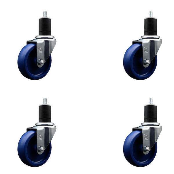 4'' SS Solid Poly Wheel Swivel 1-3/4'' Expanding Stem Caster Set, 4PK